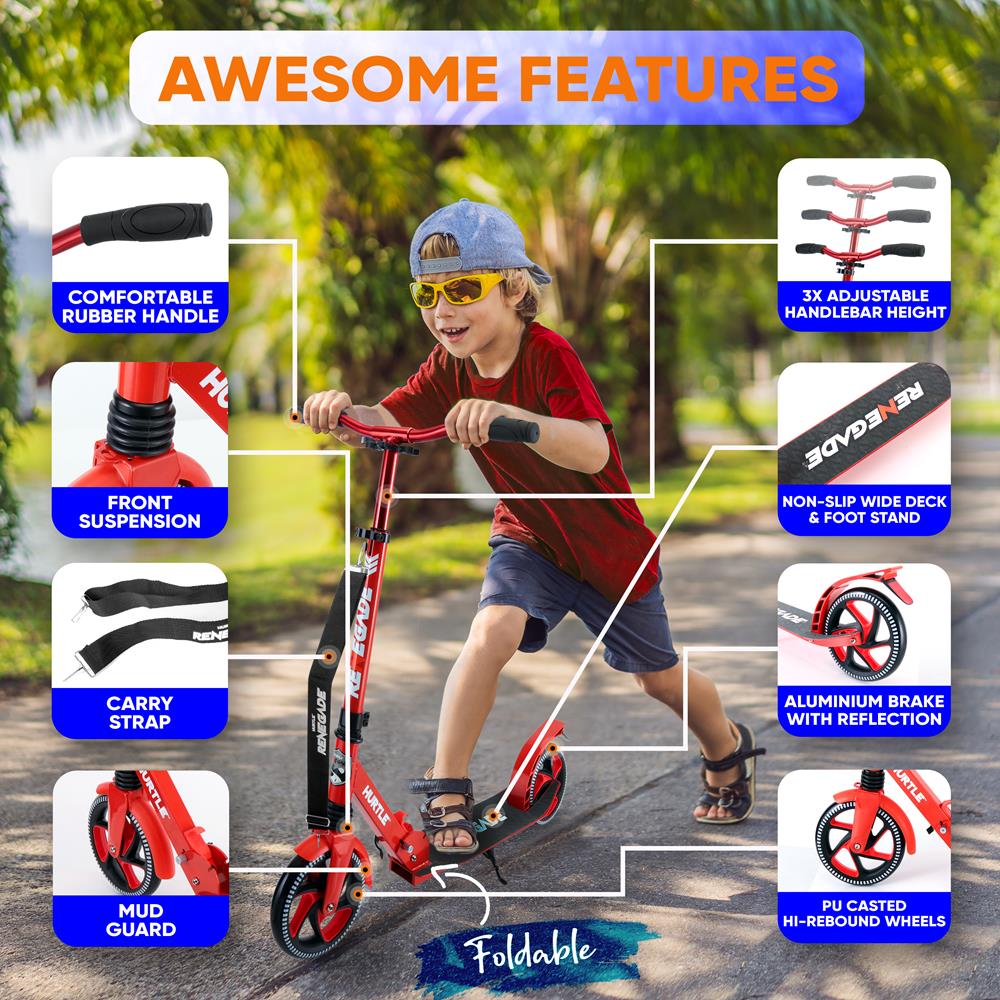 Lightweight And Foldable Kick Scooter - Adjustable Scooter For Teens And Adult, Alloy Deck With High Impact Wheels (Red)