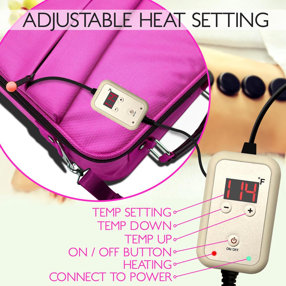 Hot Stone Massage Kit - Portable Heated Rock Therapy System With Digital Temperature Controller, Includes (12) Massaging Stones (Pink)