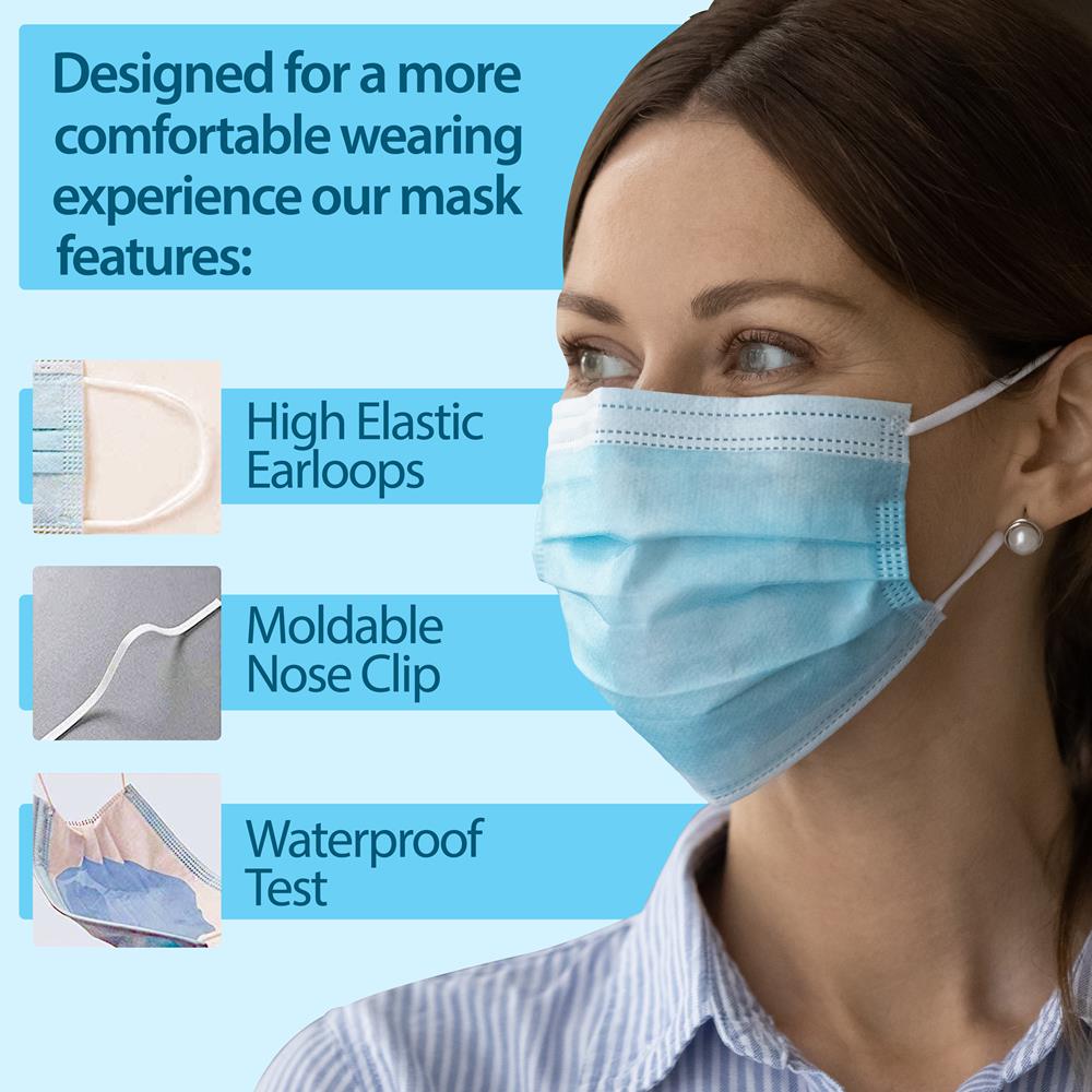 1000pcs 3-Ply Disposable Face Masks, Breathable Non-Woven, Blue
