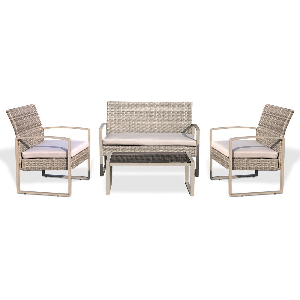 4 Pcs. Patio Outdoor Rattan Furniture Set - Includes 1 Double Chair & 2 Single Chairs, And 1 Glass-Top Coffee Table