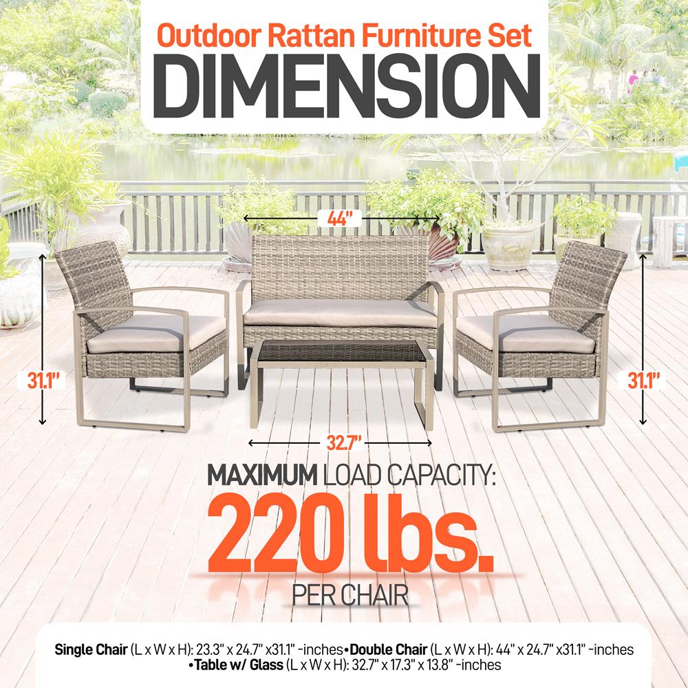4 Pcs. Patio Outdoor Rattan Furniture Set - Includes 1 Double Chair & 2 Single Chairs, And 1 Glass-Top Coffee Table