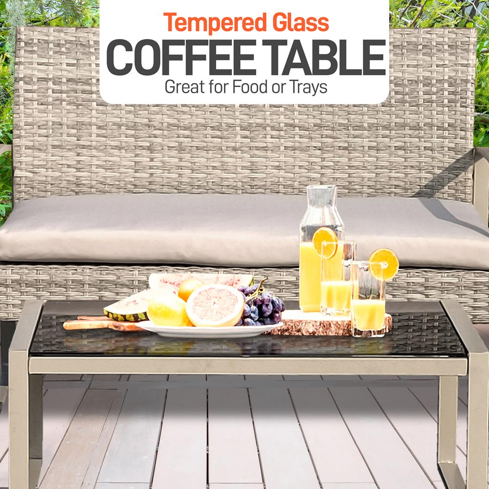4 Pcs. Patio Outdoor Rattan Furniture Set - Includes 1 Double Chair & 2 Single Chairs, And 1 Glass-Top Coffee Table