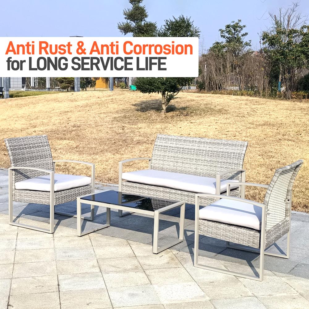 4 Pcs. Patio Outdoor Rattan Furniture Set - Includes 1 Double Chair & 2 Single Chairs, And 1 Glass-Top Coffee Table