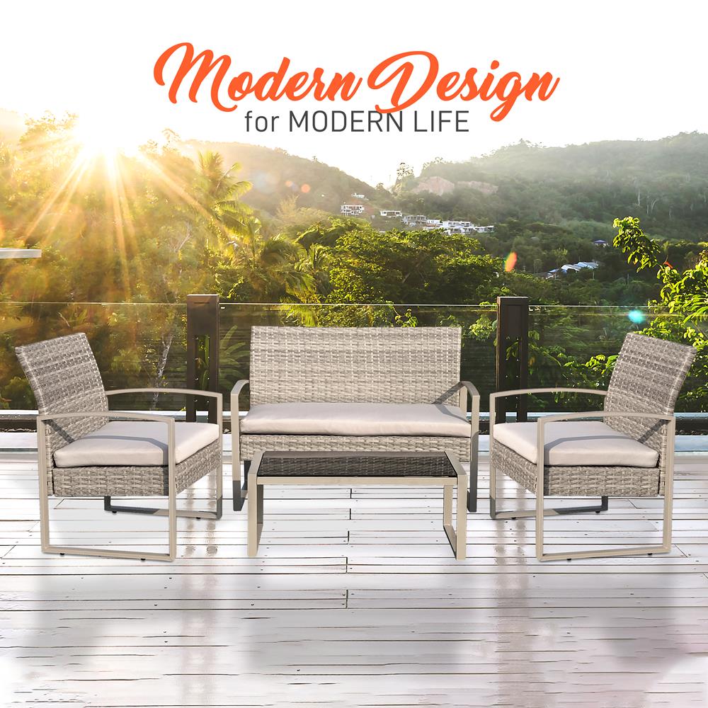 4 Pcs. Patio Outdoor Rattan Furniture Set - Includes 1 Double Chair & 2 Single Chairs, And 1 Glass-Top Coffee Table