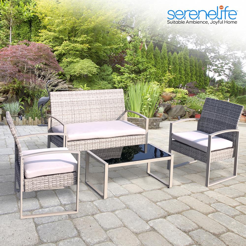 4 Pcs. Patio Outdoor Rattan Furniture Set - Includes 1 Double Chair & 2 Single Chairs, And 1 Glass-Top Coffee Table