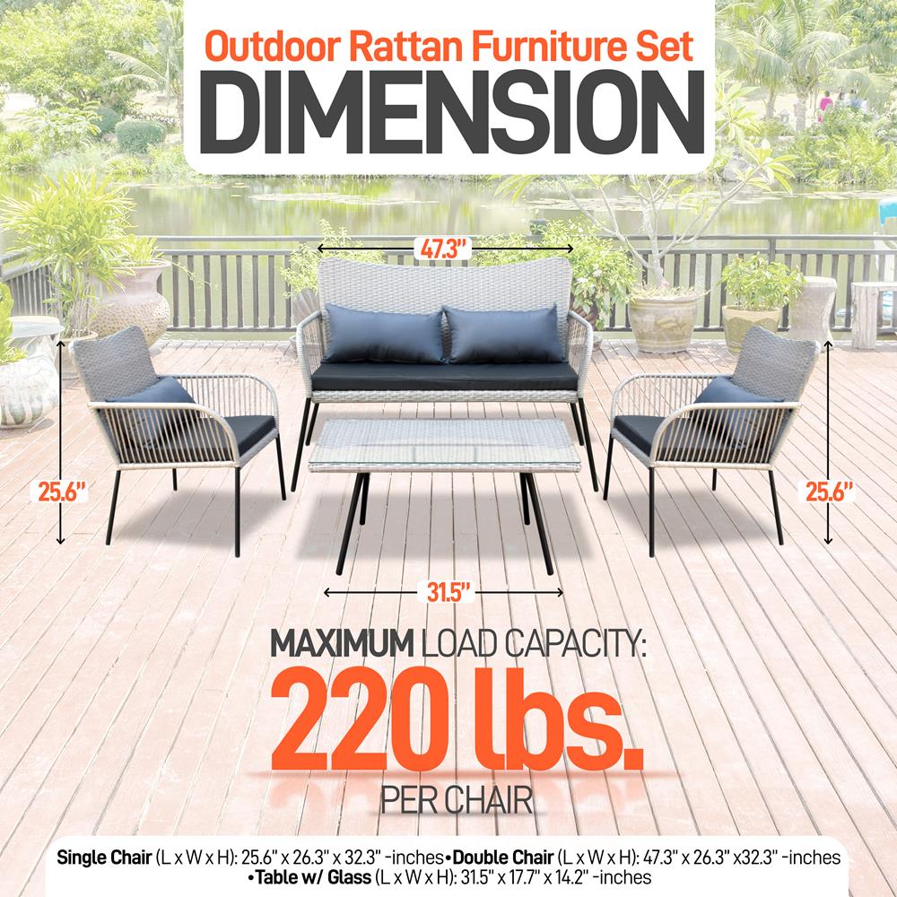 4 Pcs. Patio Outdoor Rattan Furniture Set - Includes 1 Double Chair & 2 Single Chairs With Soft Cushion, And 1 Glass-Top Coffee Table (Light Gray)