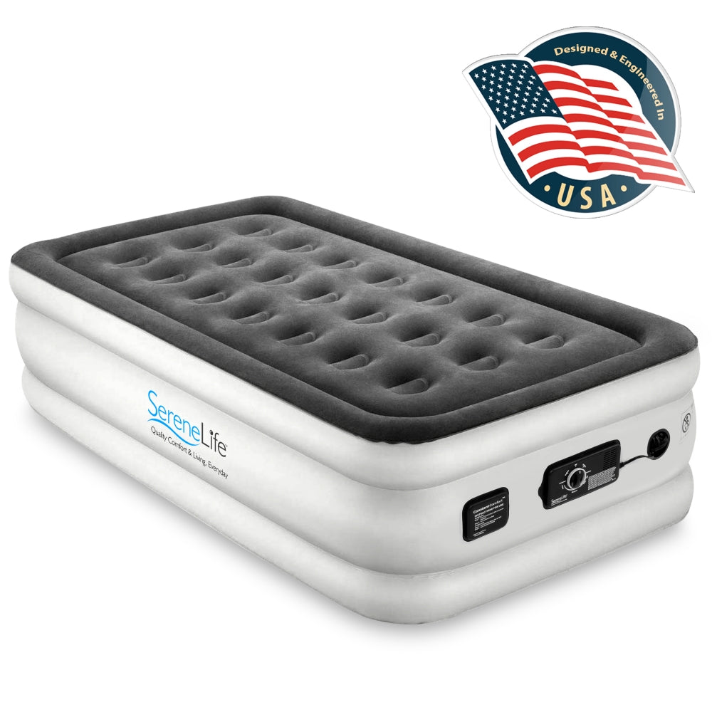 Twin Air Mattress, ComfortCoil Tech, Built-in Pump, Gray, 18" Raised
