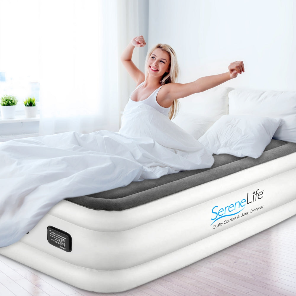 Twin Air Mattress, ComfortCoil Tech, Built-in Pump, Gray, 18" Raised