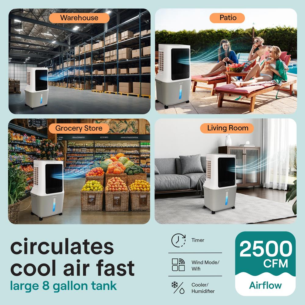 Portable Evaporative Air Cooler With 30 Liters Detachable Water Tank With Wifi Function For Outdoor And Indoor Use (White, Black & Gray)