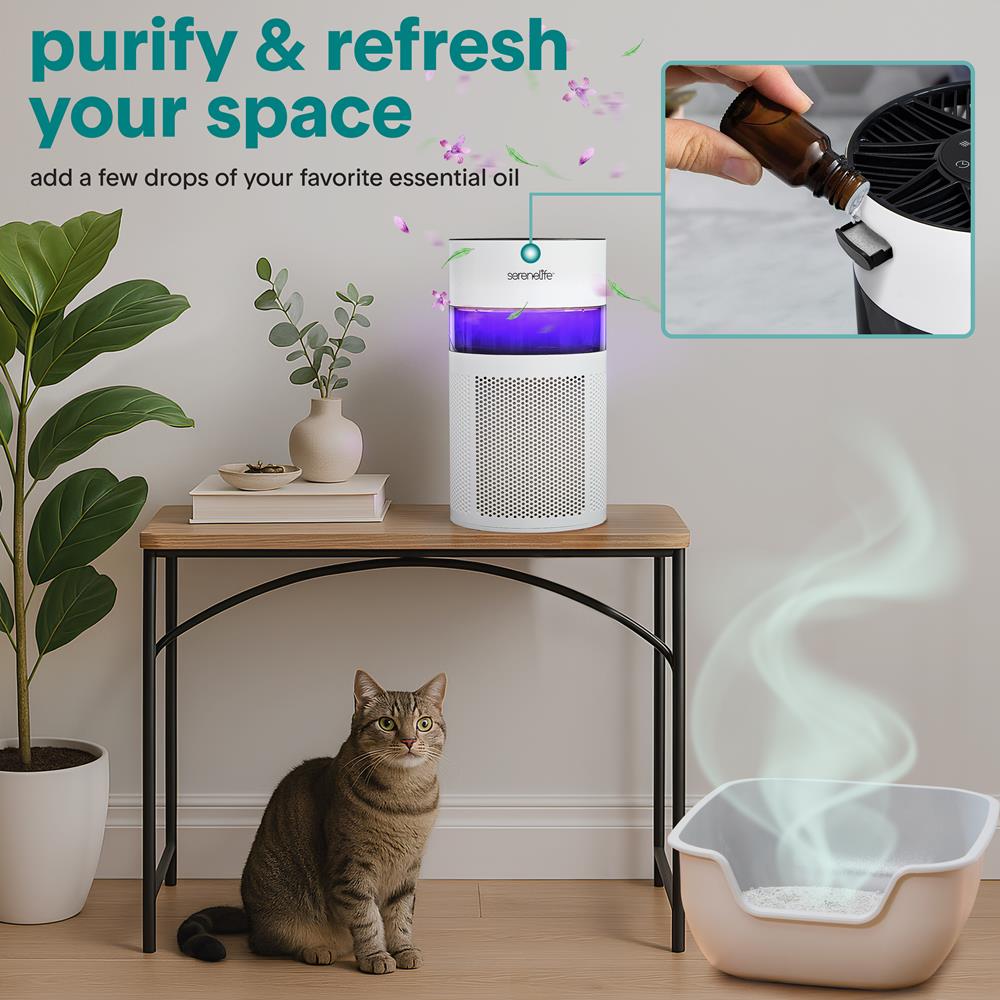 Serenelife High-Performance Air Purifier With Built-In Aroma Box, On/Off Ambient Light & Digital Display – Quiet Operation, 2 Fan Speeds, Timer, And Hepa 13 Filter (White)