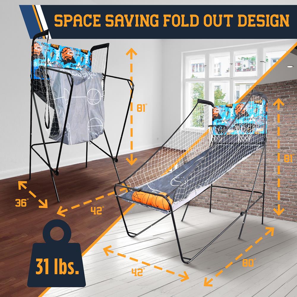 Dual Hoop Basketball Game - LED Scoreboard, Foldable, 5 Balls Included