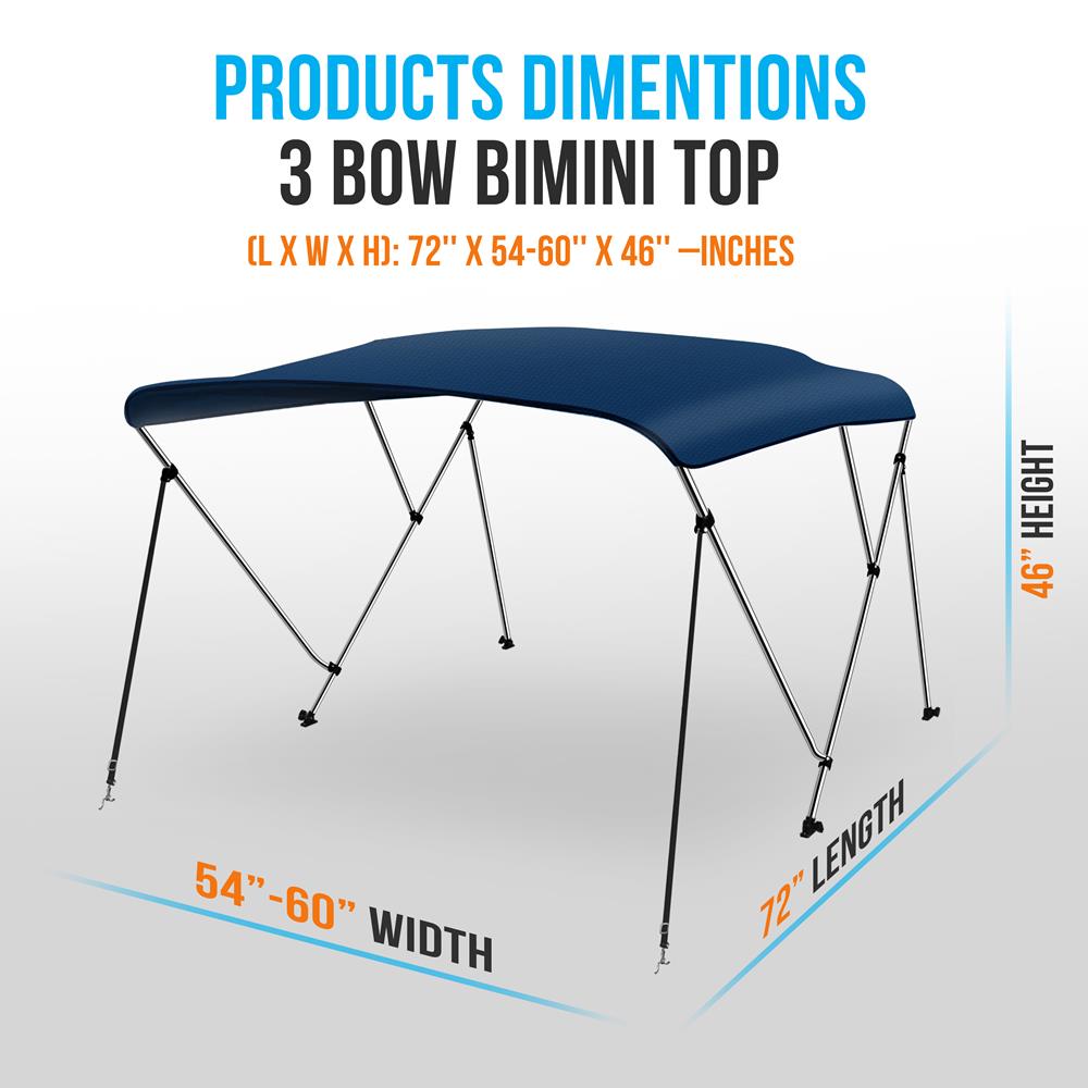 3 Bow Bimini Top Boat Cover, Waterproof 600D Canvas, Navy Blue