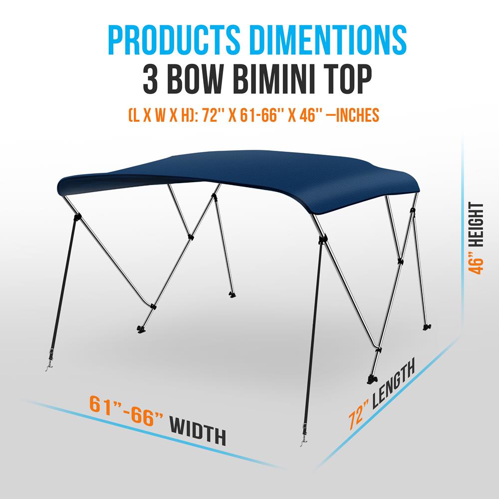 Waterproof Boat Bimini Top Sun Shade, 3 Bow, 600D Canvas, Navy Blue
