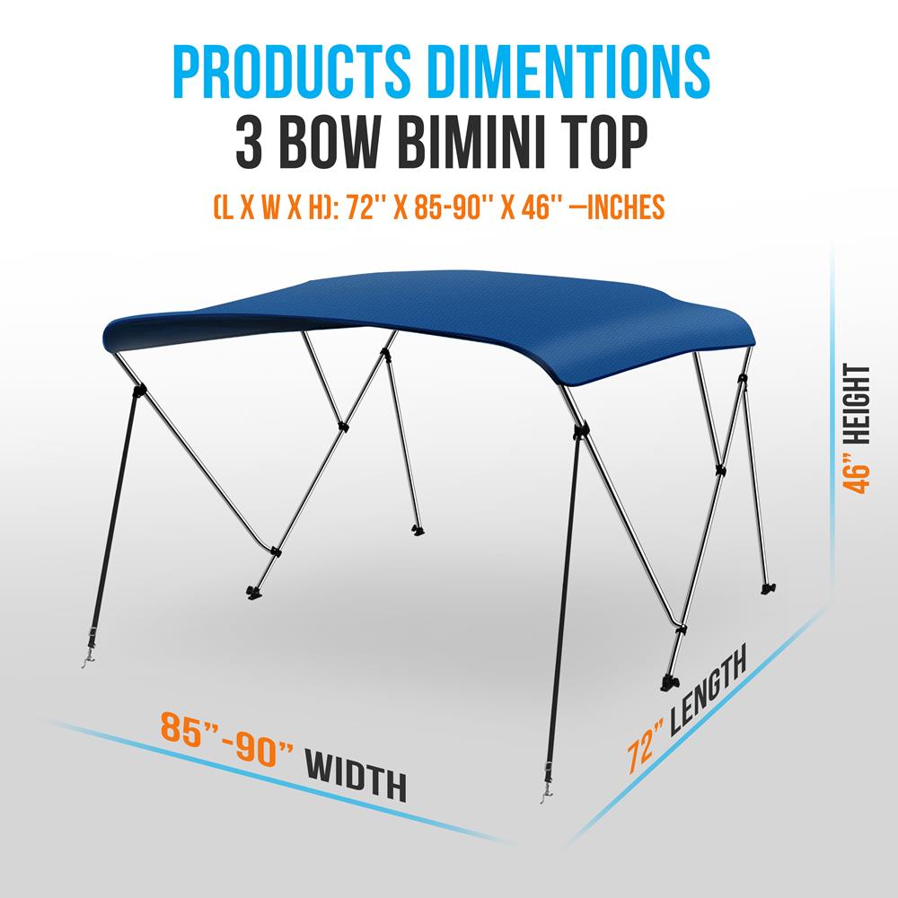 3 Bow Bimini Top Boat Cover, Waterproof 600D Canvas, Easy Install, Blue