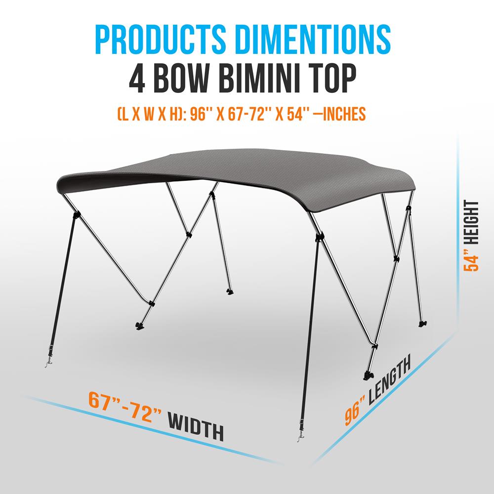 4 Bow Bimini Top - 2 Straps And 2 Rear Support Poles With Marine-Grade 600D Polyester Canvas (Gray)
