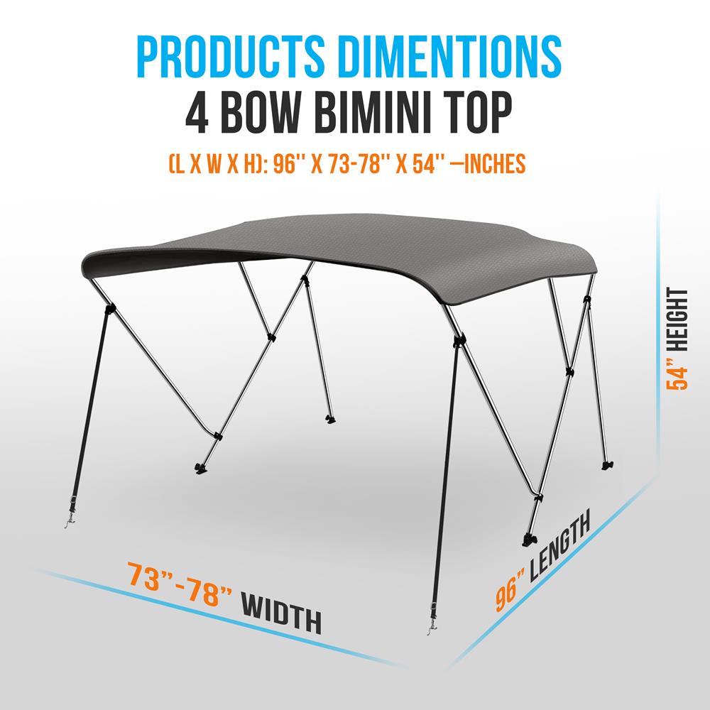 4 Bow Bimini Top - 2 Straps And 2 Rear Support Poles With Marine-Grade 600D Polyester Canvas (Gray)