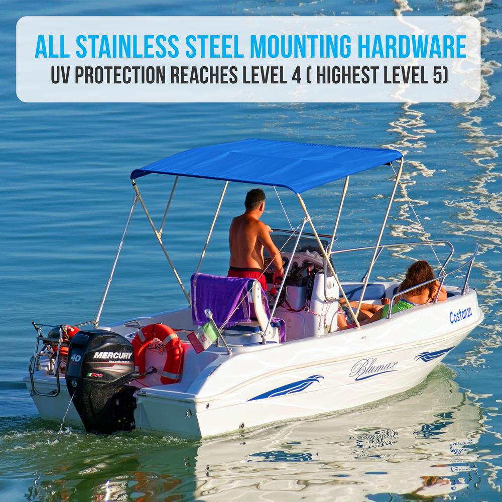 Waterproof Boat Top, 61-66"W 4 Bow, UV Resistant, Aluminum Frame, Blue