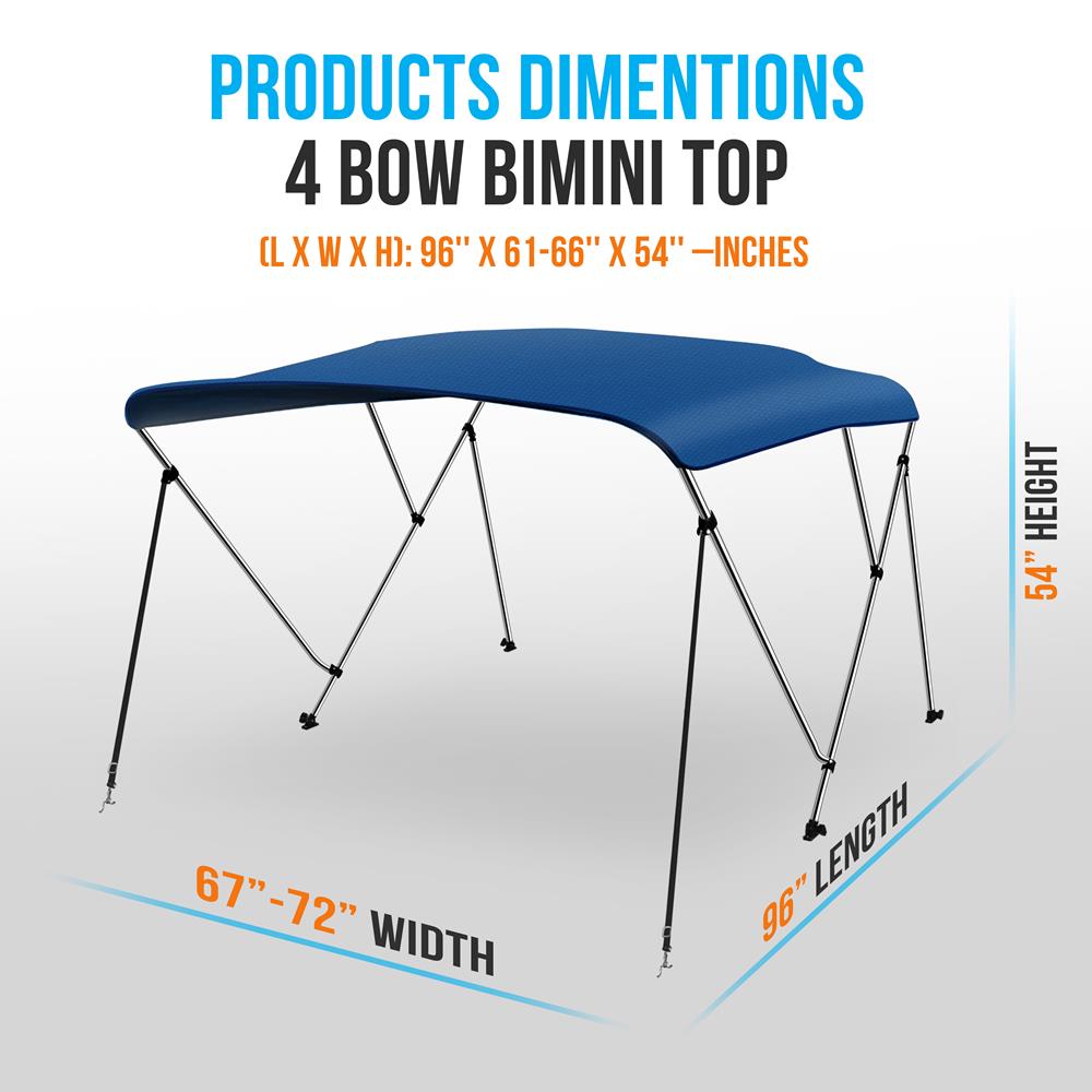 4 Bow Bimini Top - 2 Straps And 2 Rear Support Poles With Marine-Grade 600D Polyester Canvas (Royal Blue)