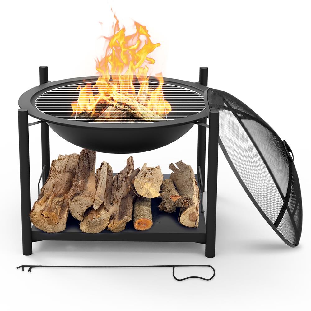 26" Outdoor Fire Pit with BBQ Grill, Heat-Resistant Steel, Wood Storage