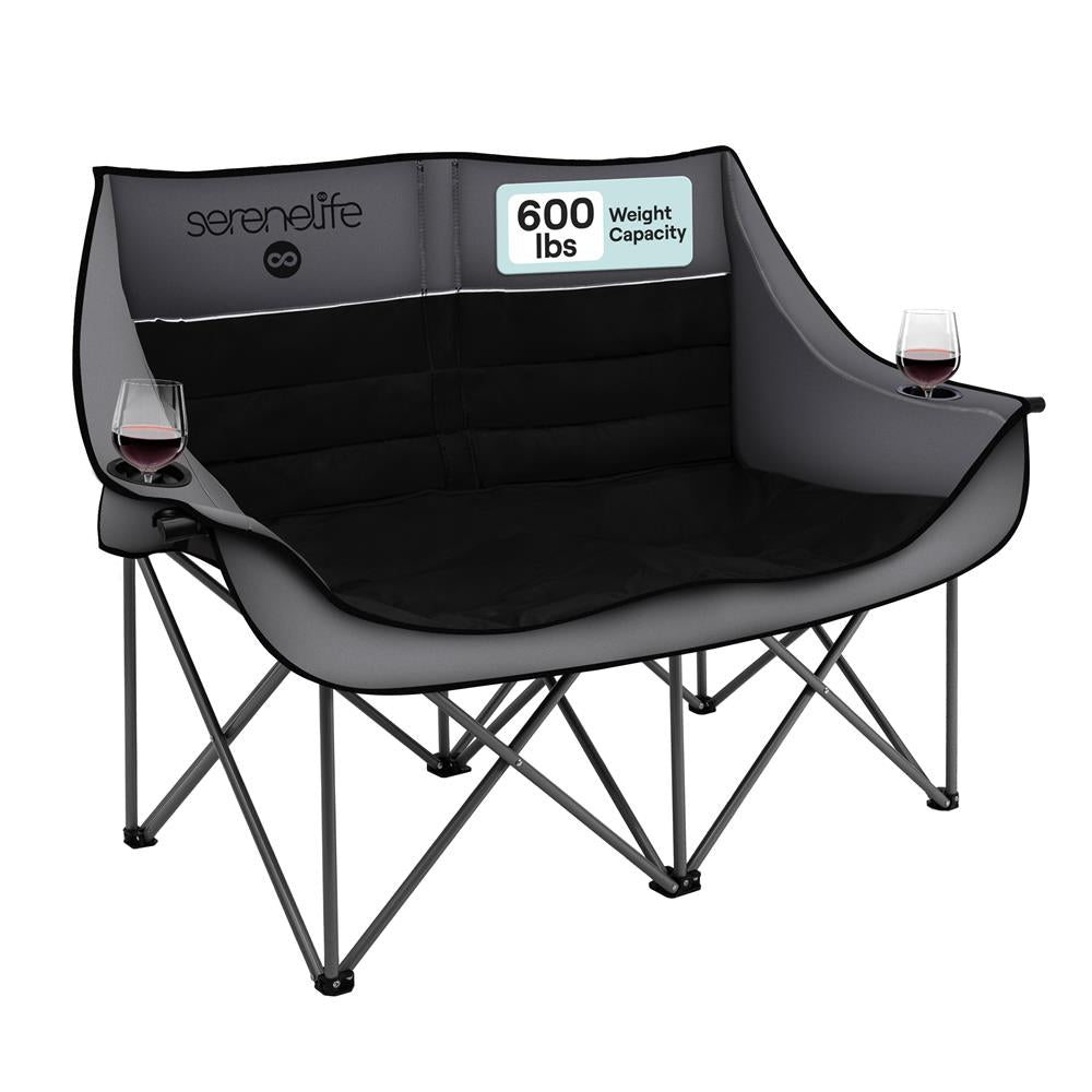 Portable Folding Double Camping Loveseat Chair With Wine Glass Holders – Ideal For Beach Or Outdoor Use (Black)
