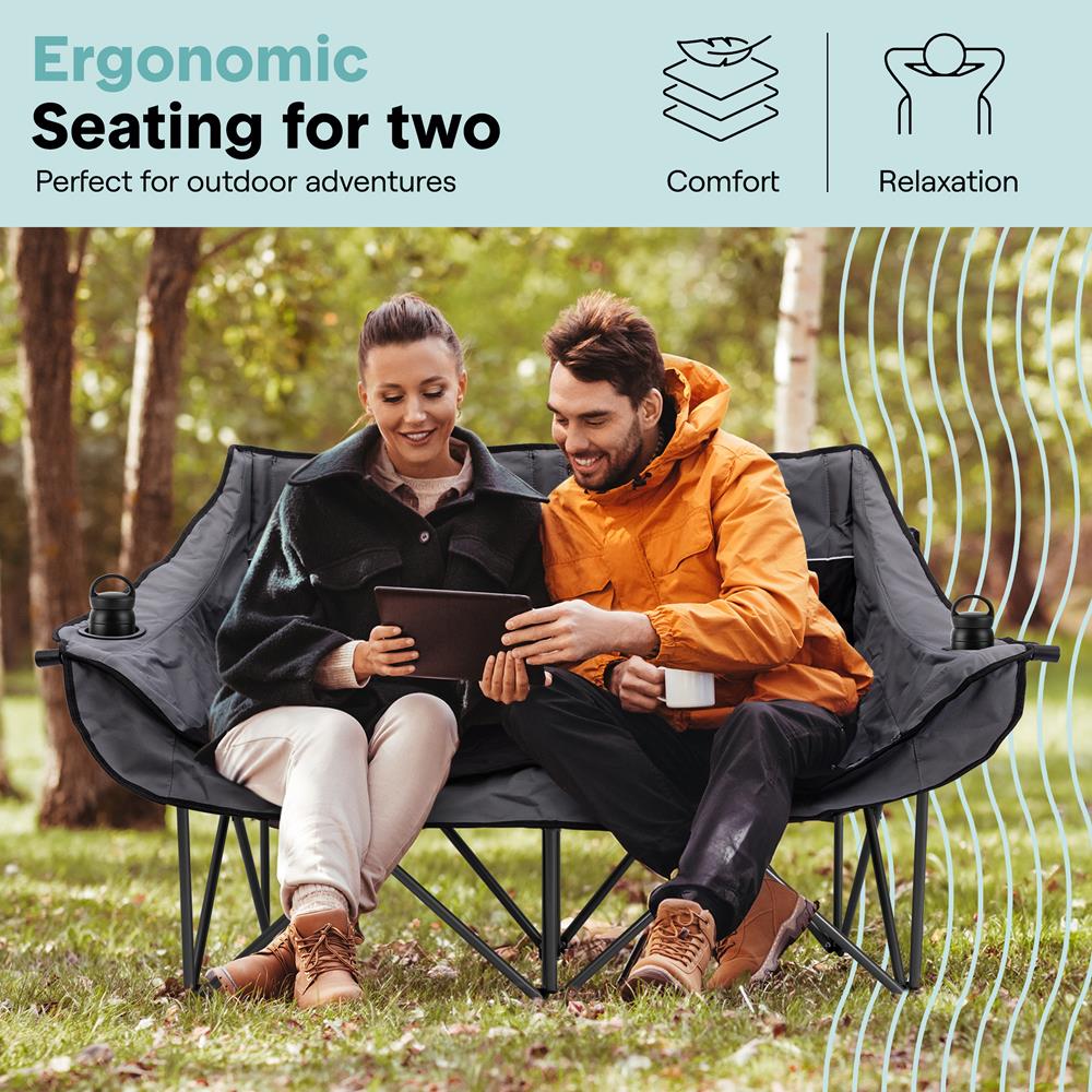 Portable Folding Double Camping Loveseat Chair With Wine Glass Holders – Ideal For Beach Or Outdoor Use (Black)