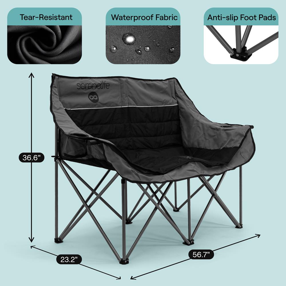Portable Folding Double Camping Loveseat Chair With Wine Glass Holders – Ideal For Beach Or Outdoor Use (Black)