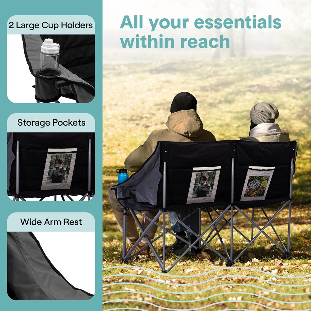 Portable Folding Double Camping Loveseat Chair With Wine Glass Holders – Ideal For Beach Or Outdoor Use (Black)