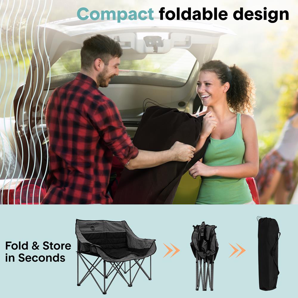 Portable Folding Double Camping Loveseat Chair With Wine Glass Holders – Ideal For Beach Or Outdoor Use (Black)