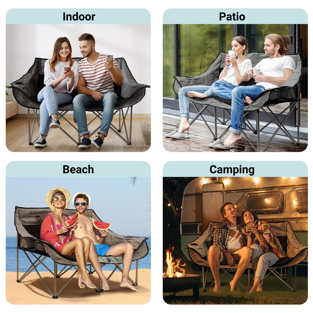 Portable Folding Double Camping Loveseat Chair With Wine Glass Holders – Ideal For Beach Or Outdoor Use (Black)