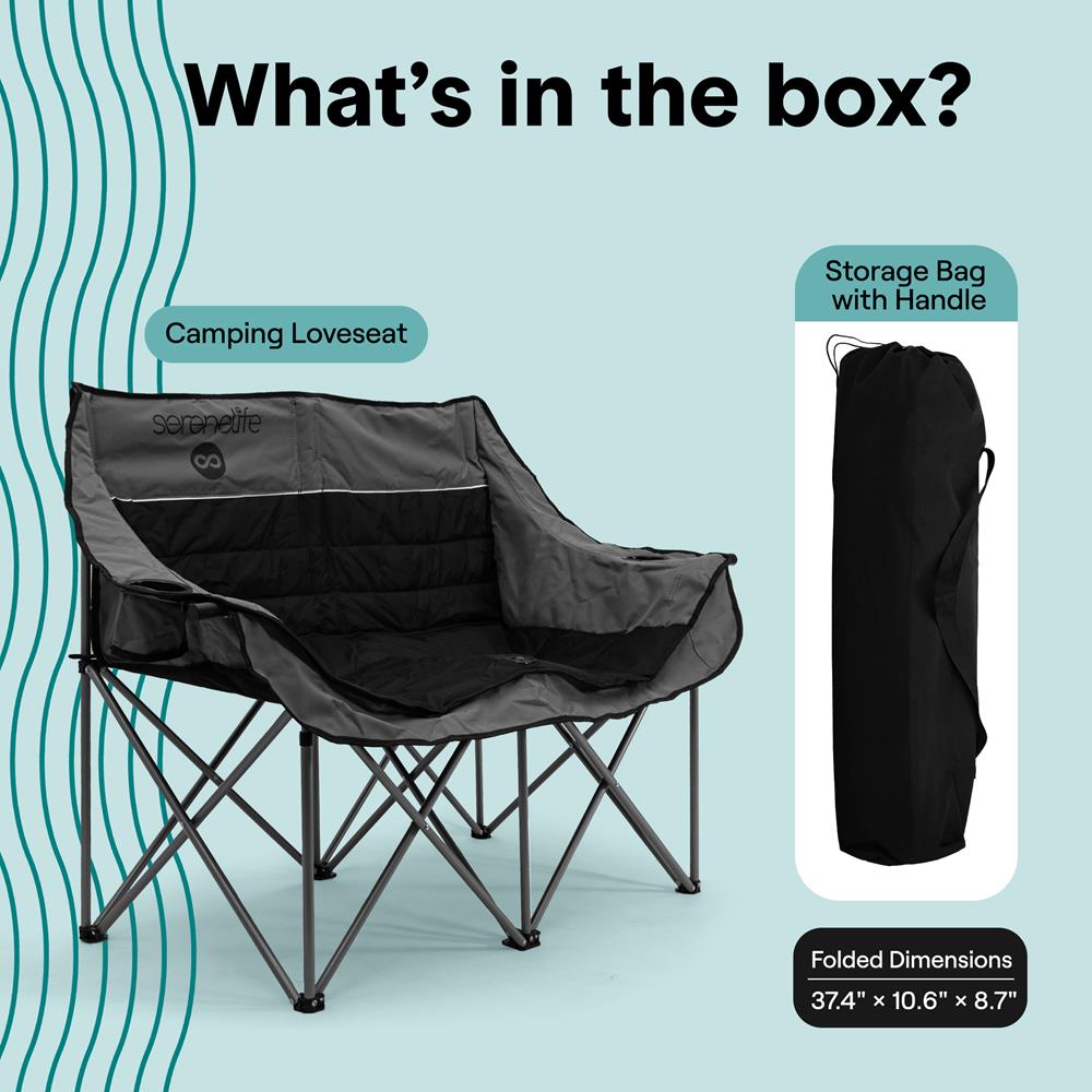 Portable Folding Double Camping Loveseat Chair With Wine Glass Holders – Ideal For Beach Or Outdoor Use (Black)