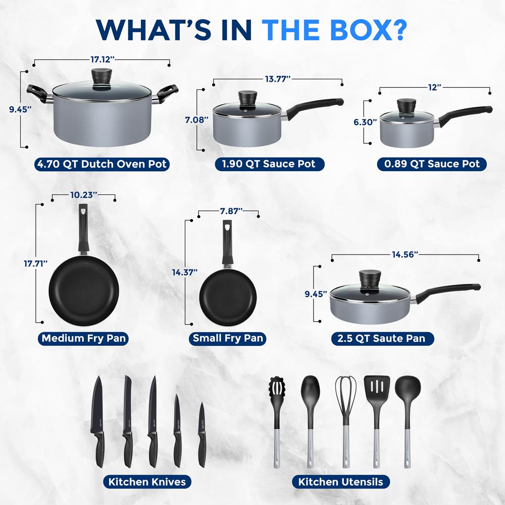 20-Piece Non-Stick Cookware Set, Even Heat, Black Coating