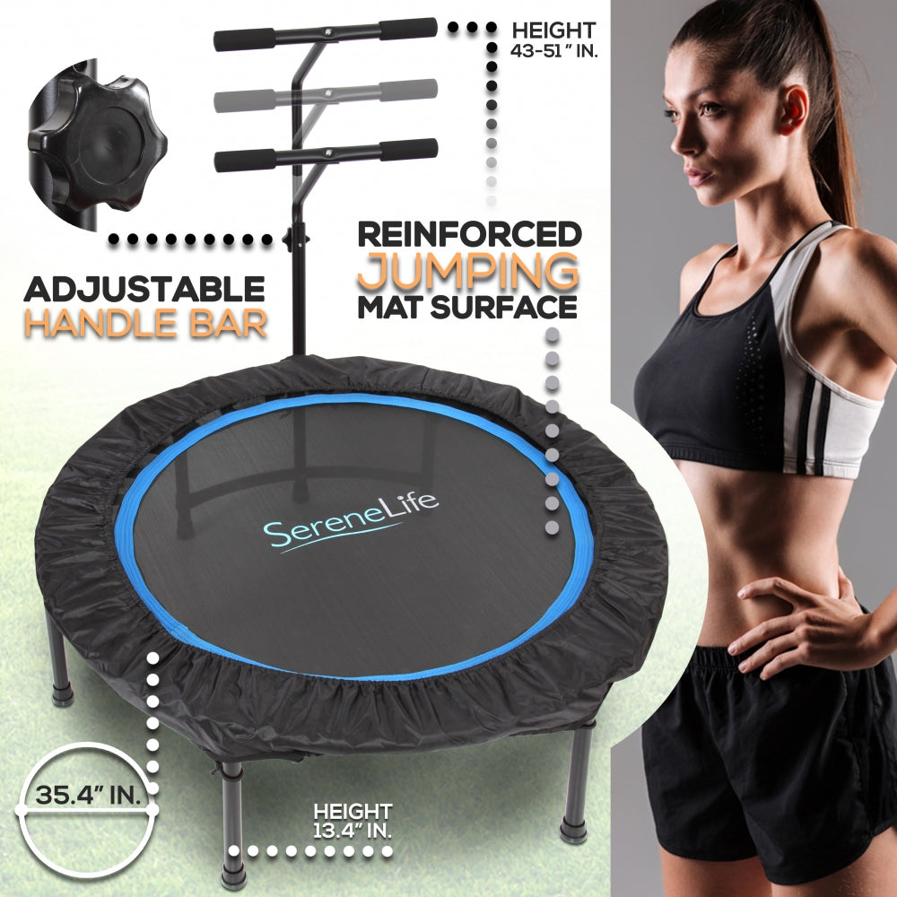 Foldable Mini Trampoline, Aerobic Fitness, Adjustable Handrail, 264 lbs Capacity