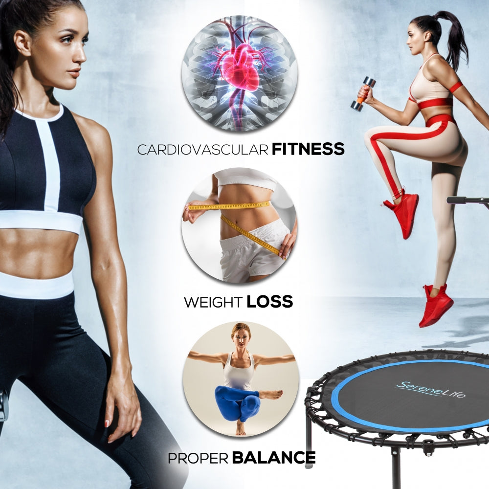 Foldable Mini Trampoline, Aerobic Fitness, Adjustable Handrail, 264 lbs Capacity