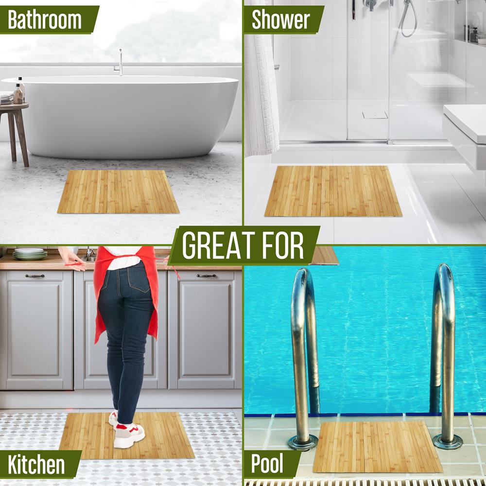 Bamboo Bath Mat - Water-Resistant, Non-Slip, Foldable, Natural Wood