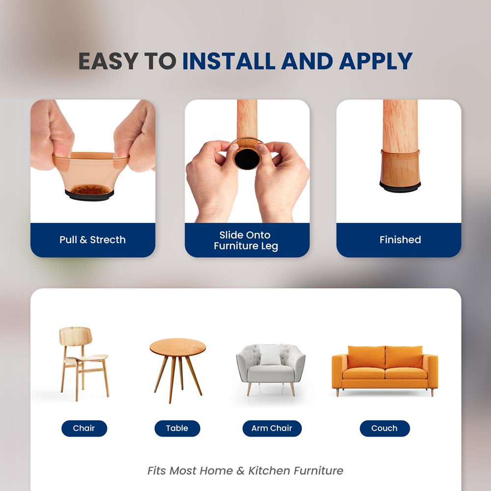 Chair Leg Floor Protectors - Anti-Slip Rubber Covers, Brown, 24 Pack