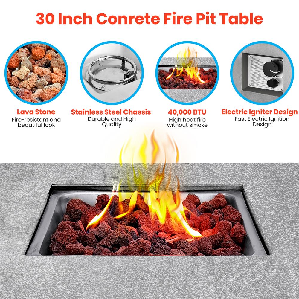 Concrete Propane Fire Pit Table, 40,000 BTU, Weatherproof, Gray