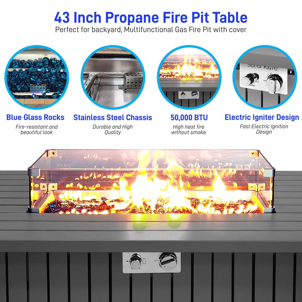 Outdoor Propane Fire Pit Table 50,000 BTU Weatherproof Glass Guard