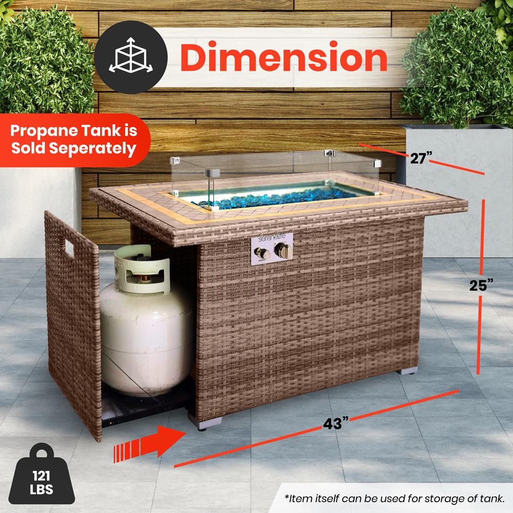 Outdoor Propane Fire Pit Table 50,000 BTU Tile Top Glass Wind Guard, Rattan Base