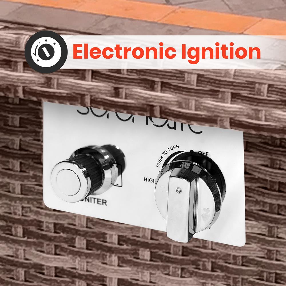 Outdoor Propane Fire Pit Table 50,000 BTU Tile Top Glass Wind Guard, Rattan Base