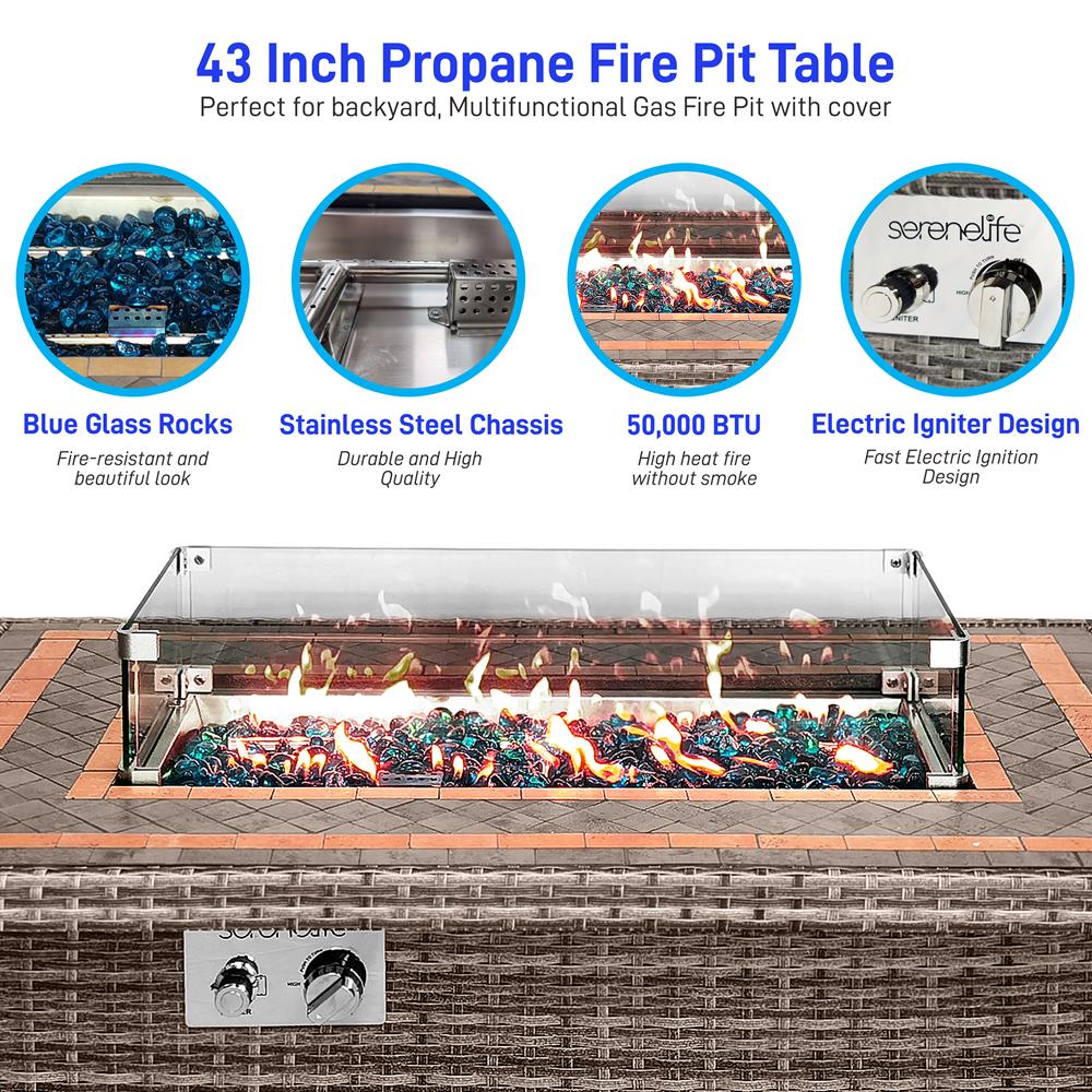 Outdoor Propane Fire Pit Table 50,000 BTU Tile Top Glass Wind Guard, Rattan Base