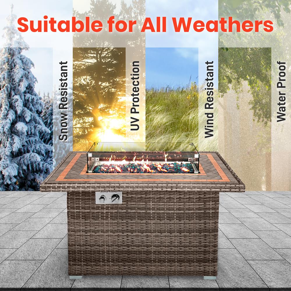 Outdoor Propane Fire Pit Table 50,000 BTU Tile Top Glass Wind Guard, Rattan Base