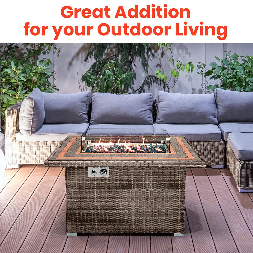 Outdoor Propane Fire Pit Table 50,000 BTU Tile Top Glass Wind Guard, Rattan Base