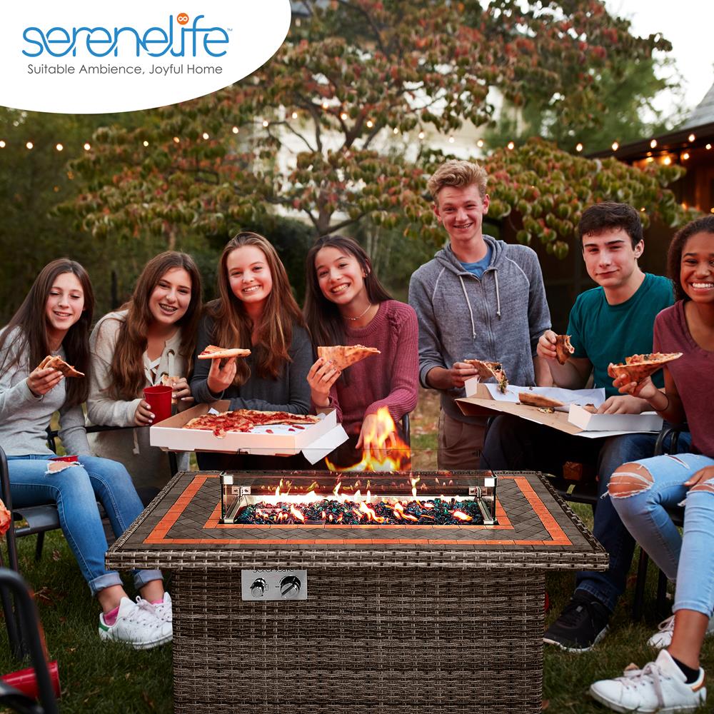 Outdoor Propane Fire Pit Table 50,000 BTU Tile Top Glass Wind Guard