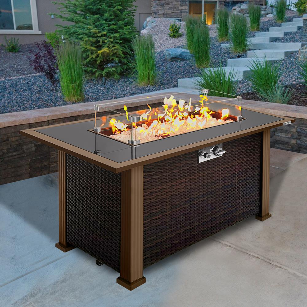 Outdoor Propane Fire Pit Table 50,000 BTU Auto-Ignition Glass Wind Guard, Rattan Brown