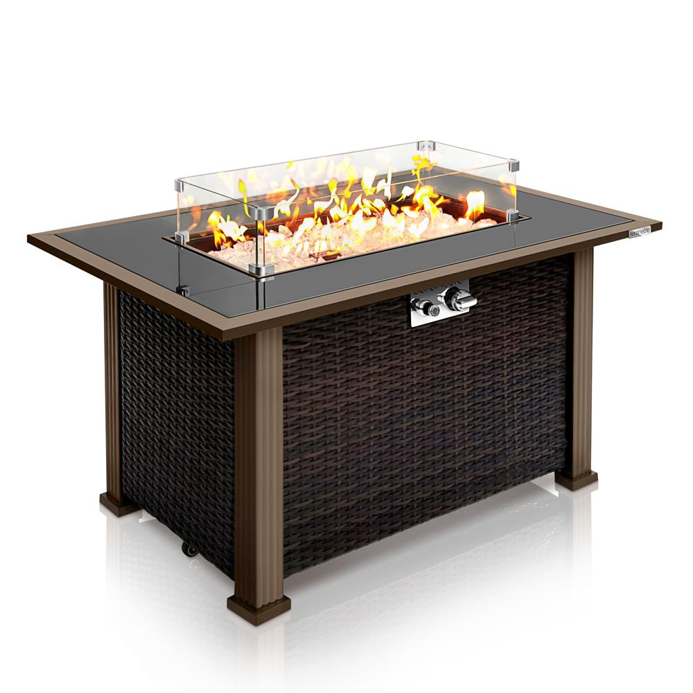 Outdoor Propane Fire Pit Table 50,000 BTU Auto-Ignition Glass Wind Guard, Rattan Brown