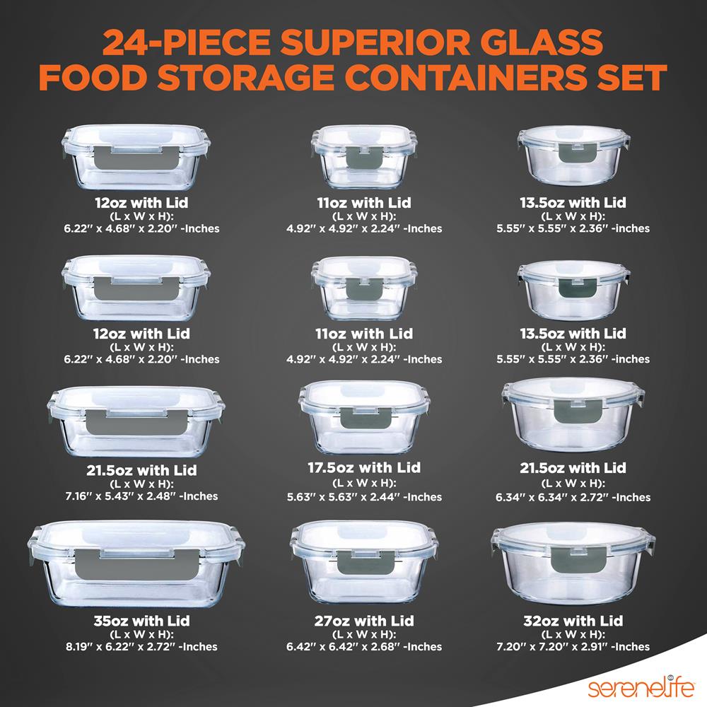 24-Piece Glass Storage Set, Leak-Proof, High Borosilicate, Gray