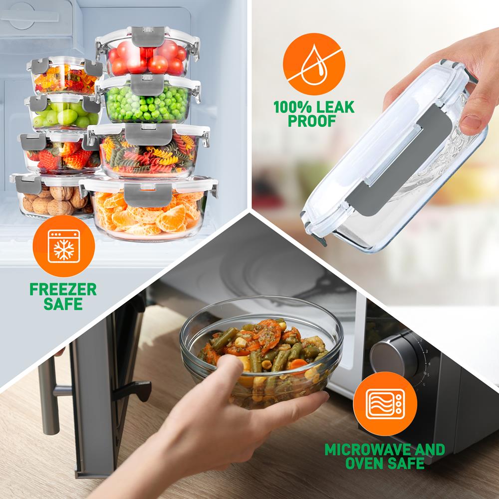 24-Piece Glass Storage Set, Leak-Proof, High Borosilicate, Gray