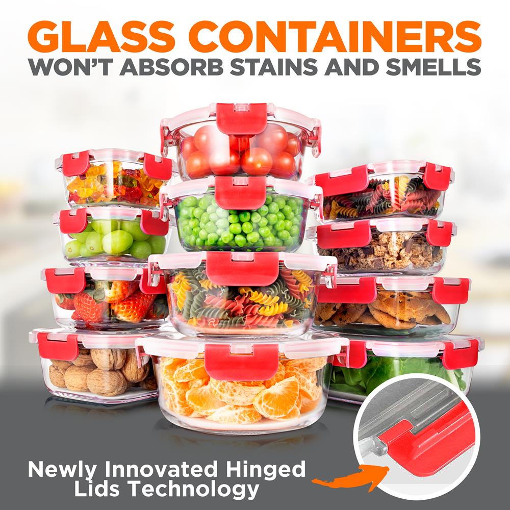24-Piece Glass Storage Set, Leak-Proof, High Borosilicate, Red Lids
