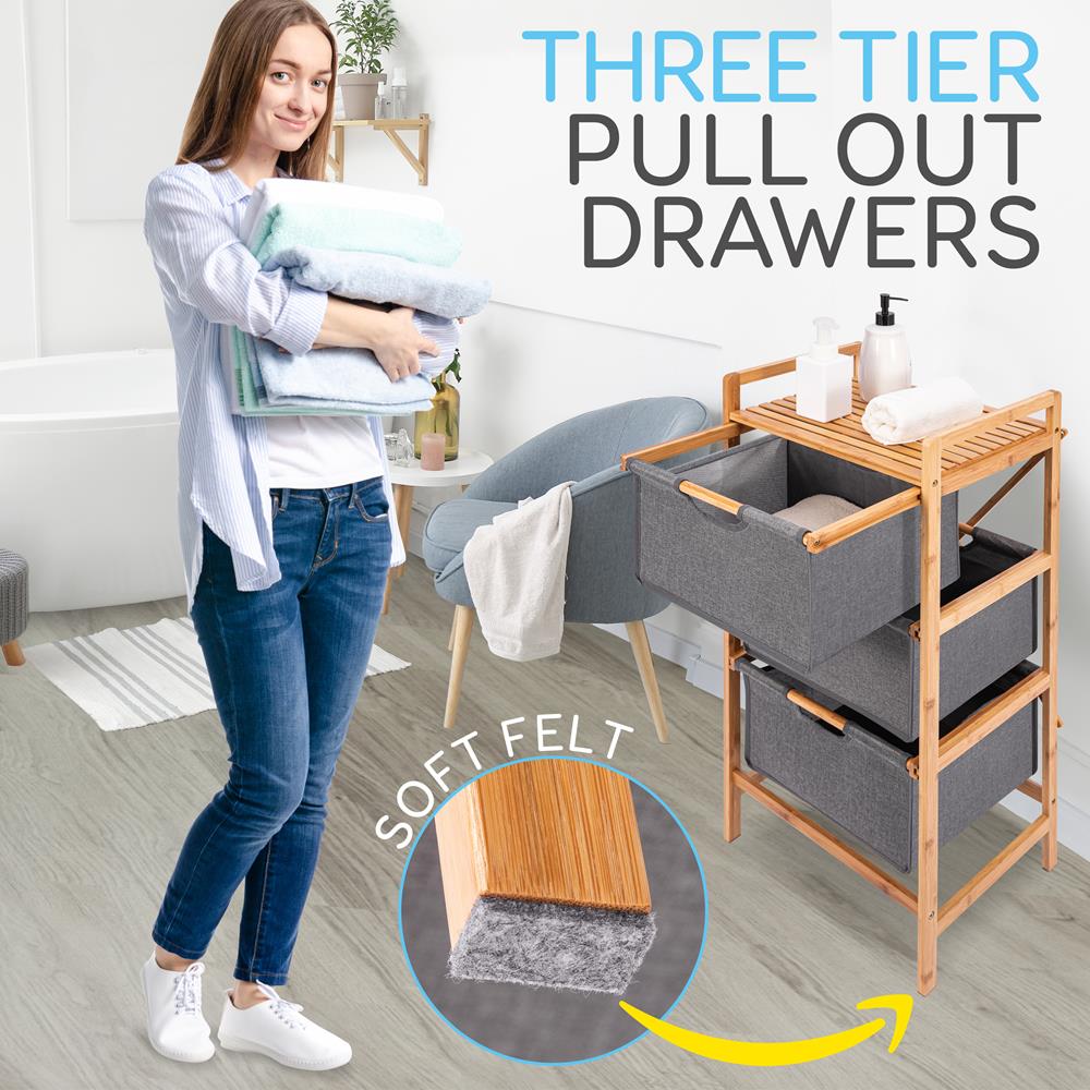 3 Section Bamboo Bathroom Organizer with Pull Out Hampers, Eco-Friendly
