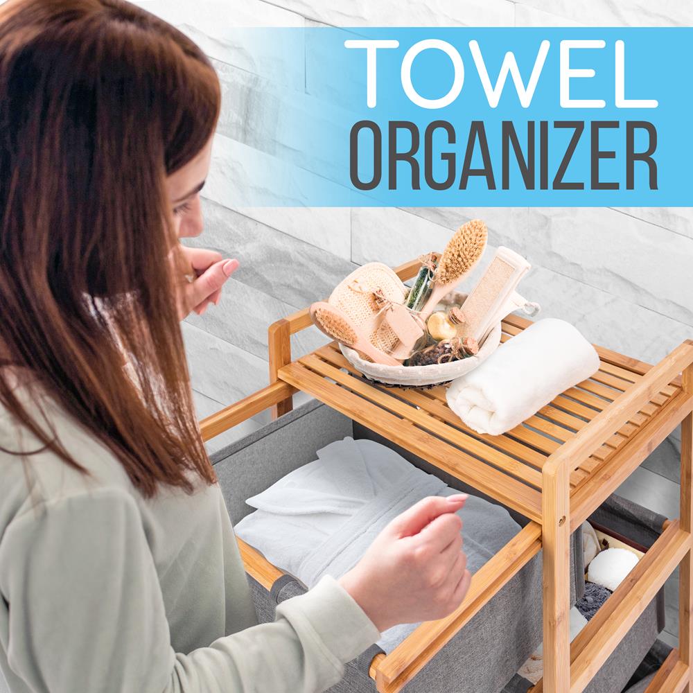 3 Section Bamboo Bathroom Organizer with Pull Out Hampers, Eco-Friendly